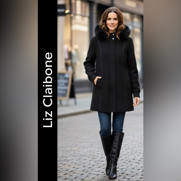 Liz Claiborne Jackets & Blazers - Liz Claiborne Black Wool Blend Coat Faux Fur Hood Fully Lined Jacket Size XL EUC
